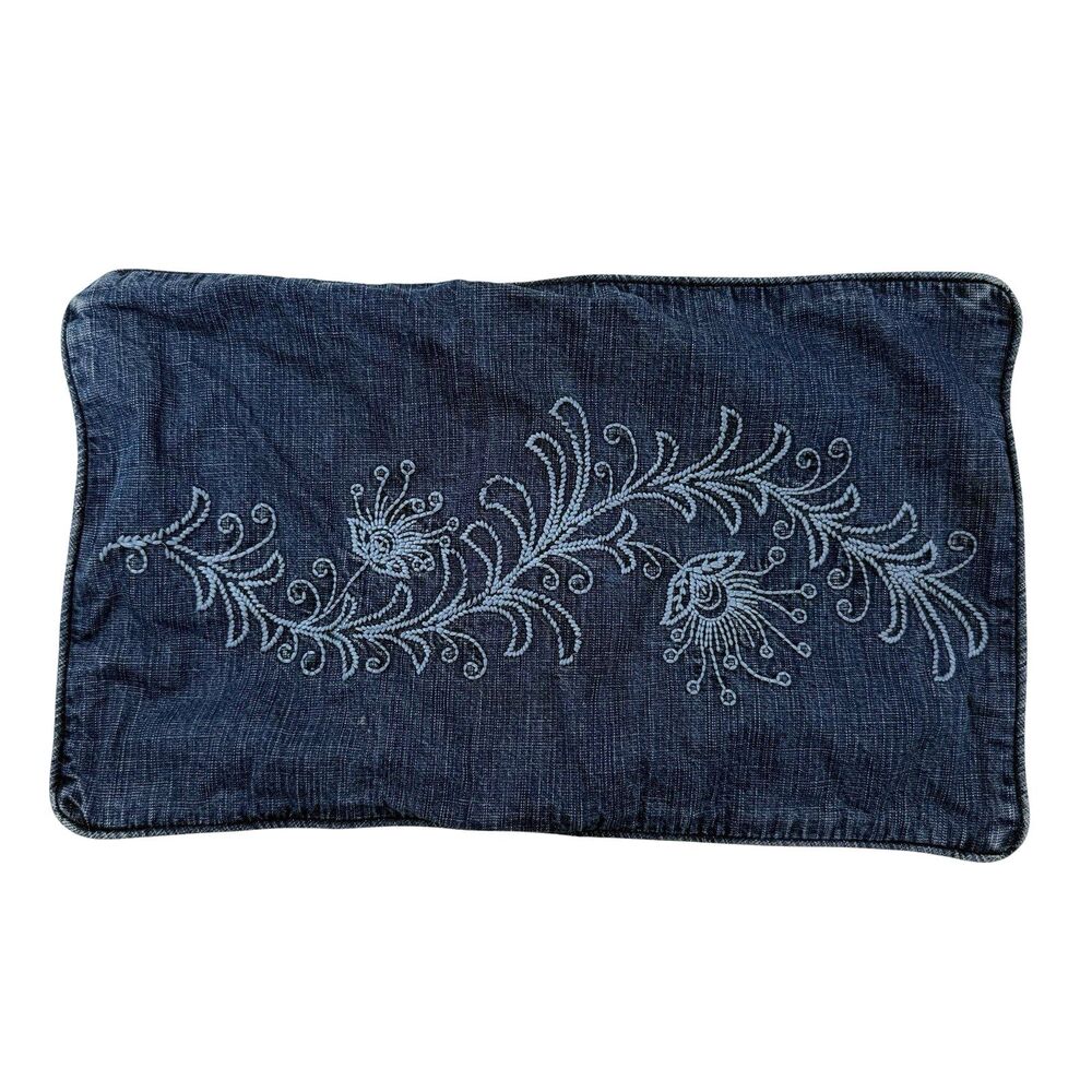Pottery Barn Lumbar Pillow Cover Sham Cotton Denim Jean Embroidered 12x20 Blue